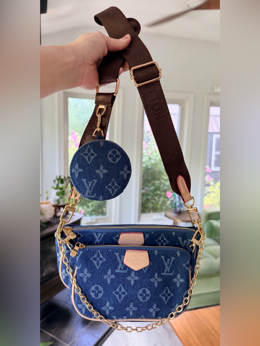 Source Unknown Blue Denim Monogram Crossbody Trio with Brown Strap